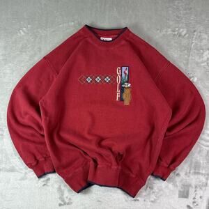 Mc Sport Sweatshirt Men's Size Large Red Embroidered Golf Bag Argyle Cotton